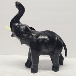 Vintage Black Leather Wrapped Elephant Statue Figurine Sculpture 12" x 12"